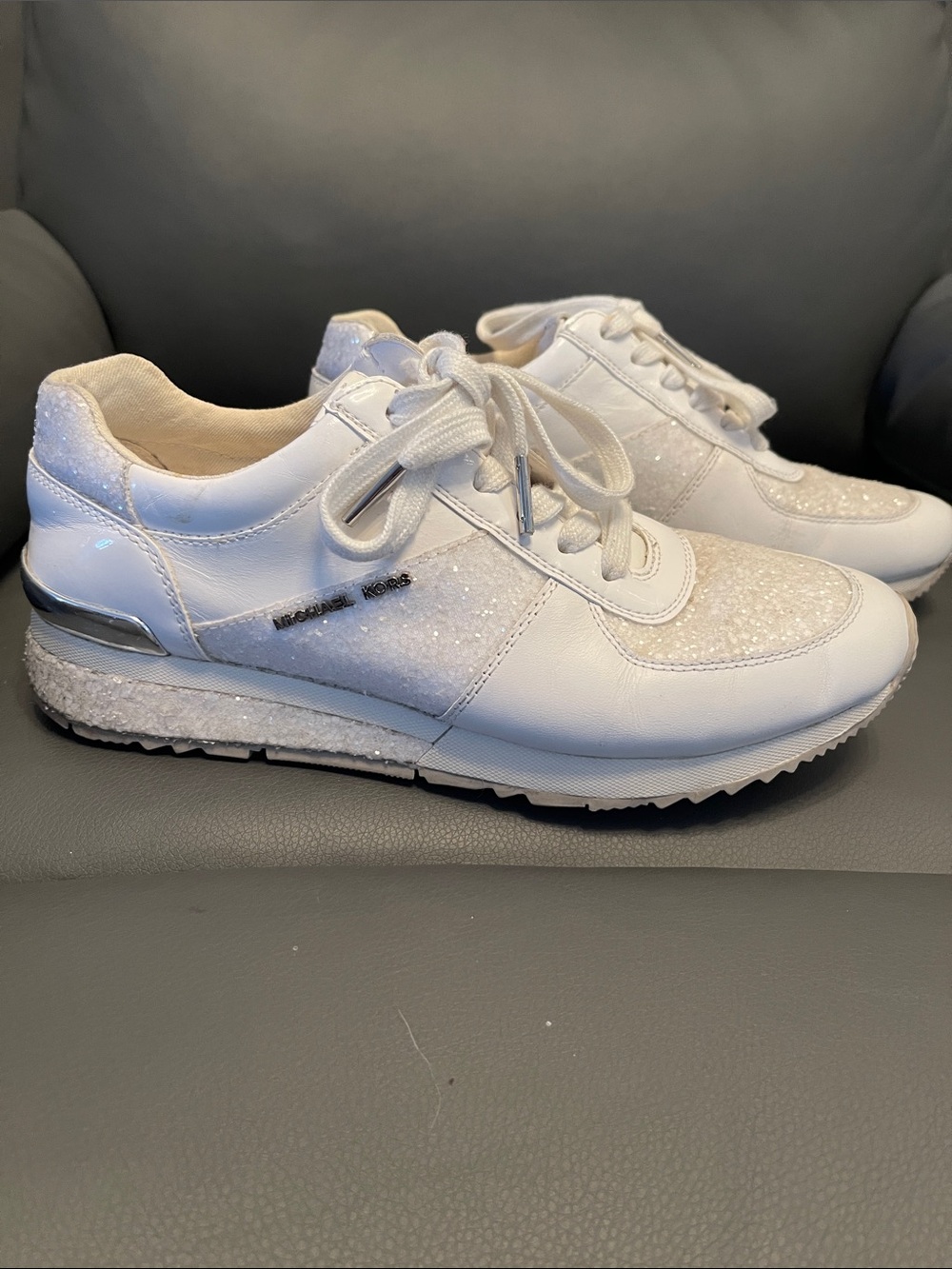 Michael Kors White Glitter Lace-Up Sneakers with Metallic Trim